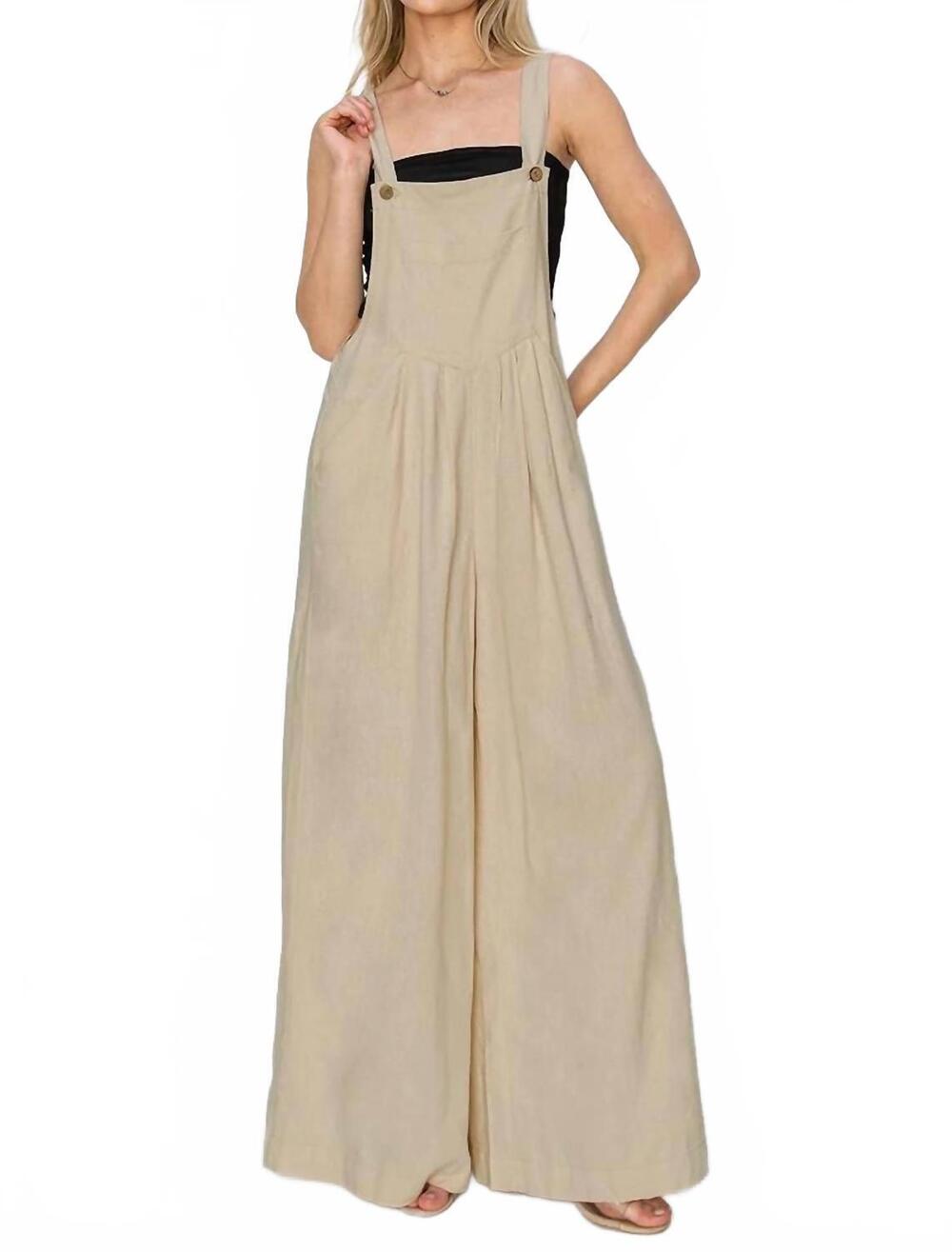 NEW RISEN linen wide leg overalls in tan
